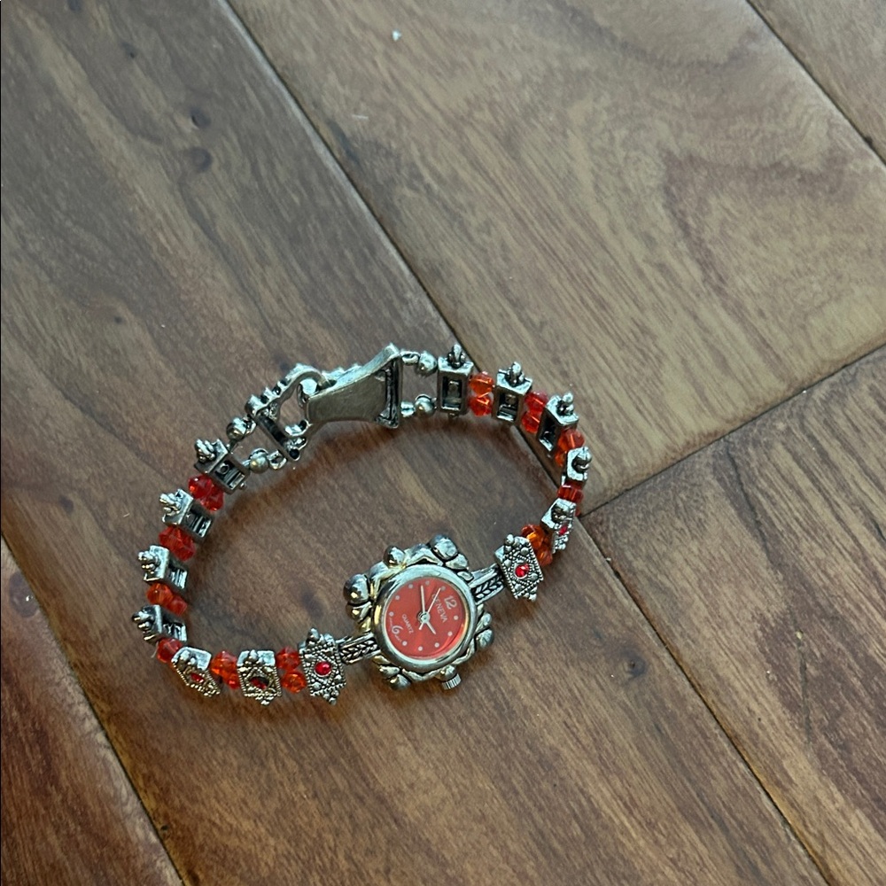 Geneva Red Beaded Silver-Toned Women's Watch